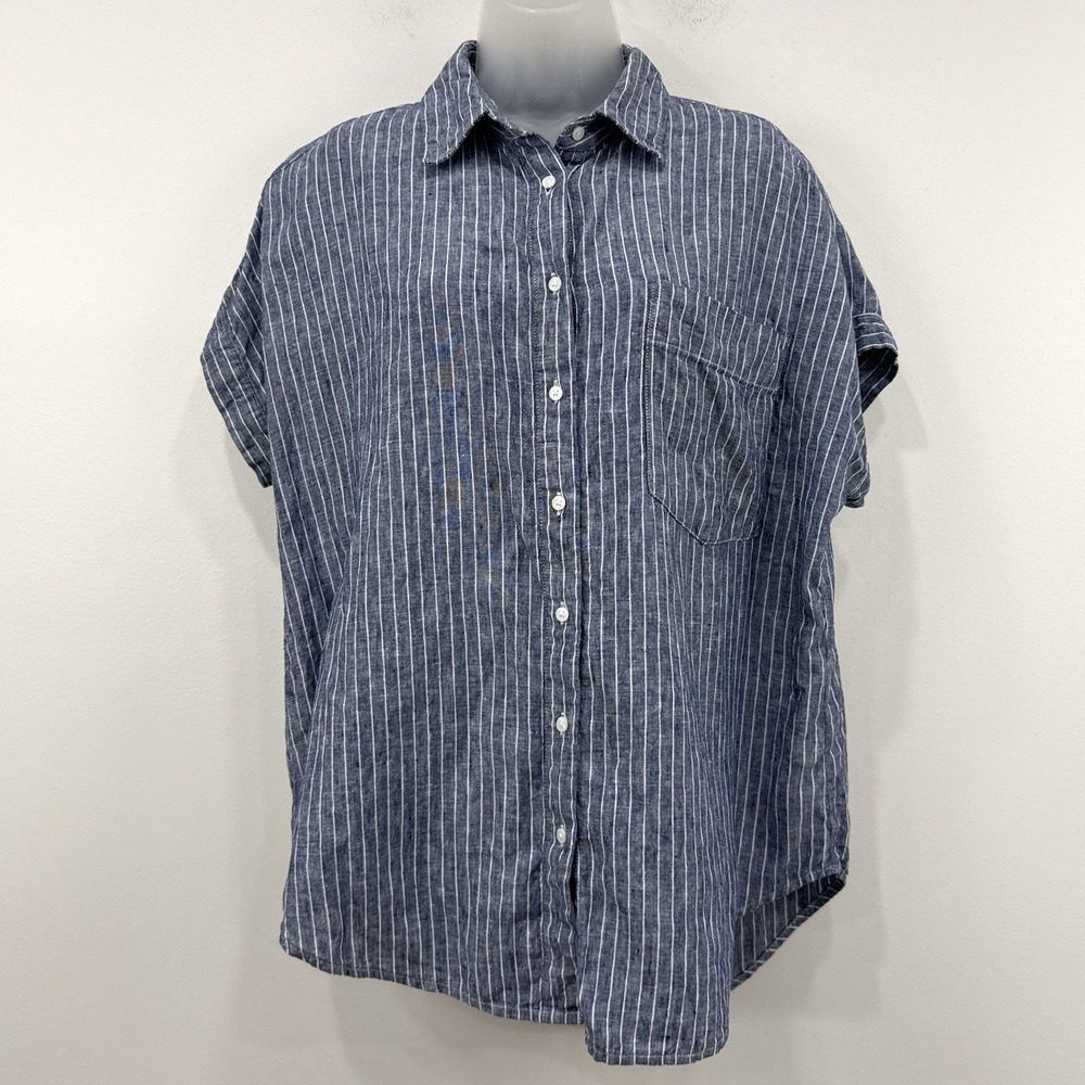 Quince 100% European Linen Camp Shirt L Chambray Stripe Coastal Nautical Preppy